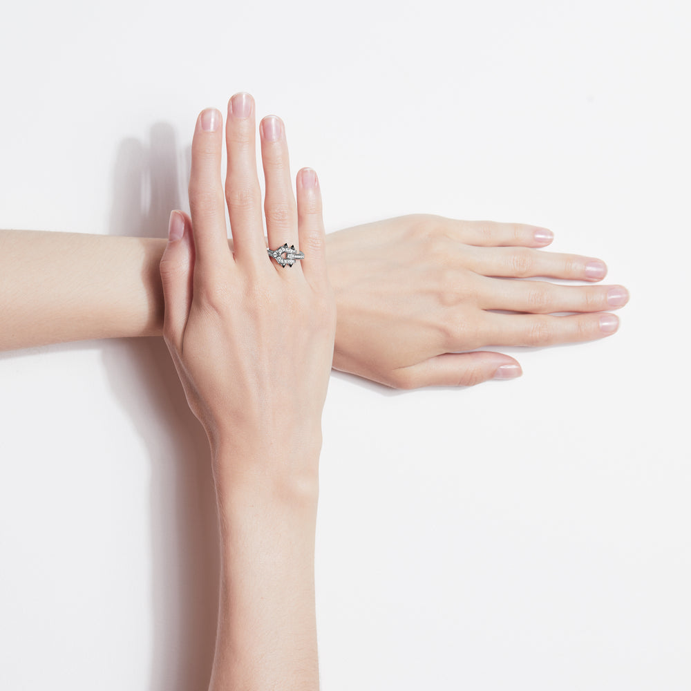 BAGUE MINI SPIKE DIAMANTS, ARGENT & AGATES NOIRES - FSJ464