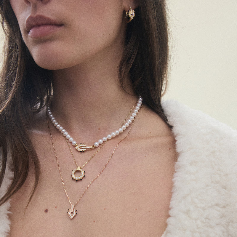 COLLIER SPIKE DIAMANTS, OR ROSE & AGATES NOIRES - FSJ422