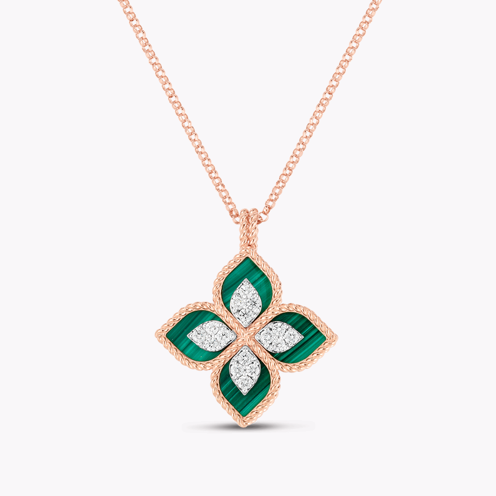 Collier Princess Flower Or rose diamants et malachite