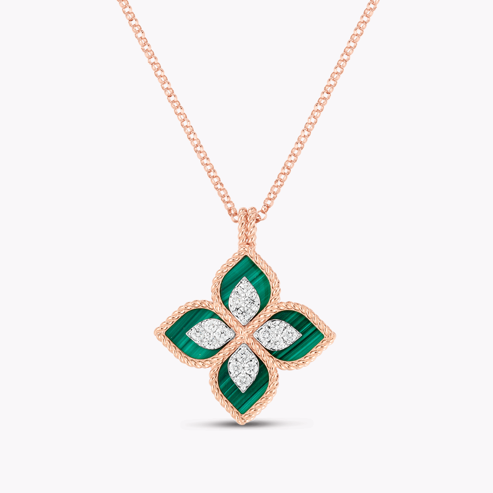 Collier Princess Flower Or rose diamants et malachite 