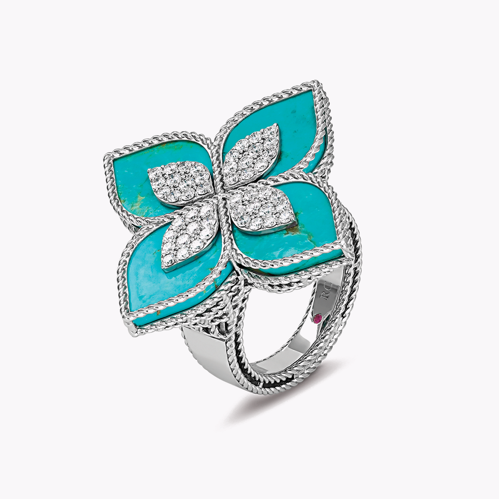 Bague Princess Flower Or blanc diamants turquoise