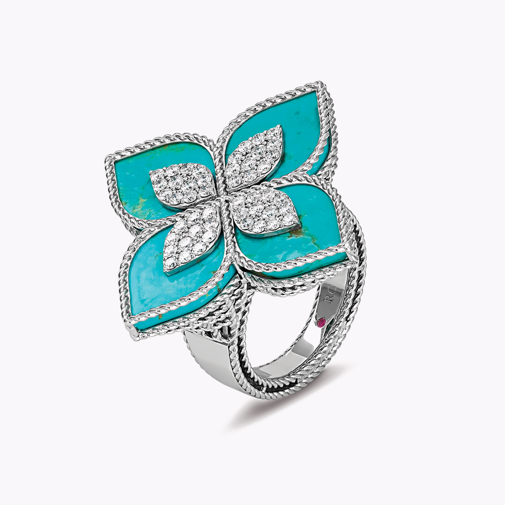 Bague Princess Flower Or blanc diamants turquoise 